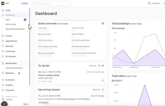 Dashboard interface for a fitness or membership management system showing quick overview, to-do list, upcoming classes, total bookings, and total sales charts.