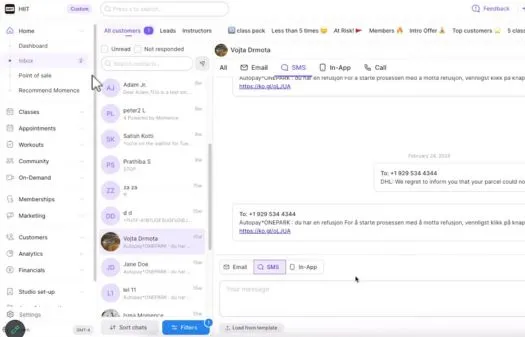Messaging interface showing a conversation with options to send Email, SMS, In-App message, or Call, with a list of contacts and messages on the left panel.