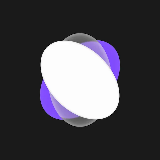 Abstract 3D shape featuring overlapping translucent white, black, and purple ovals on a black background.