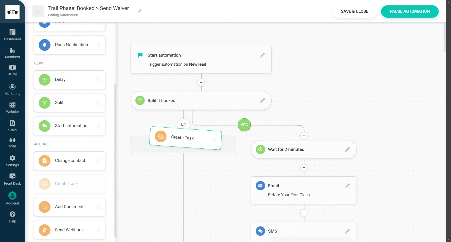 Workflow automation setup showing steps to send waiver: start on new lead, split if booked, create task if no, or wait 2 minutes, then email and SMS if yes.