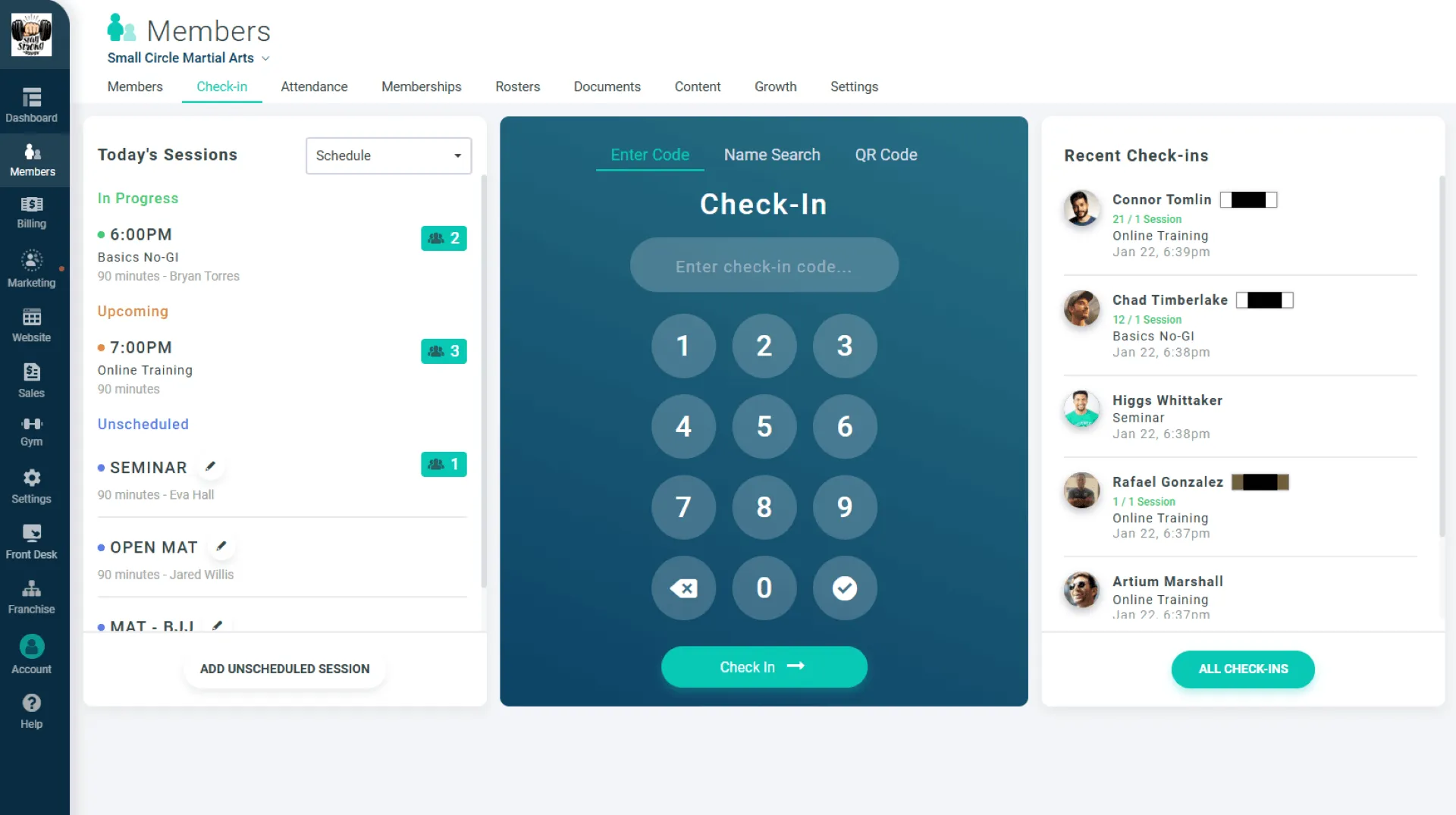 Dashboard screen for Small Circle Martial Arts showing member check-in interface with today's sessions, numeric keypad for code entry, and recent check-ins list.