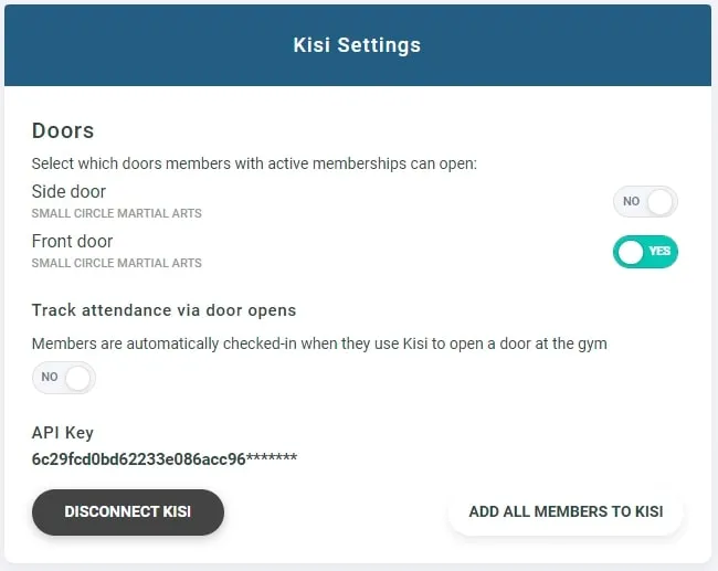 Kisi Settings panel showing door access options for Side door (off) and Front door (on), track attendance toggle off, an obscured API key, and buttons to Disconnect Kisi or Add All Members to Kisi.
