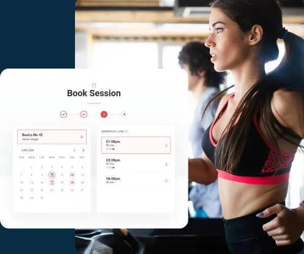 Woman in workout clothes using a treadmill, with a session booking interface overlay showing a calendar and available times.