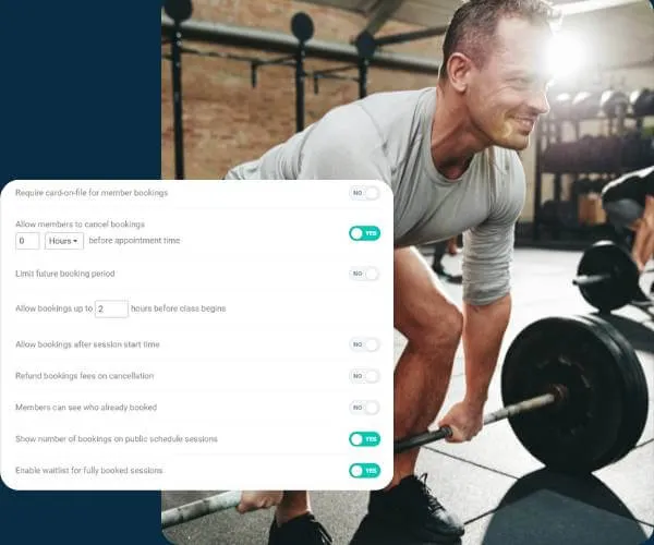 Man lifting a heavy barbell in a gym with workout equipment in the background, overlaid with a settings menu for member booking options.
