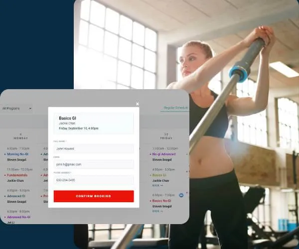 Woman in workout attire holding a barbell in a brightly lit gym with large windows.