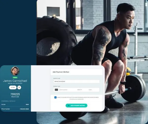 Muscular man with tattoos lifting a barbell in a gym with a payment method form overlay on the left.
