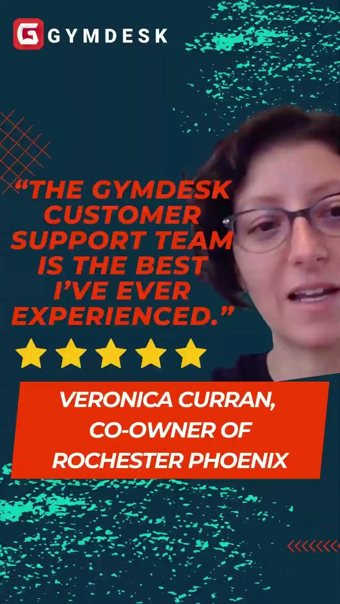 Testimonial from Veronica Curran, co-owner of Rochester Phoenix, praising Gymdesk customer support as the best she has ever experienced, with a five-star rating.