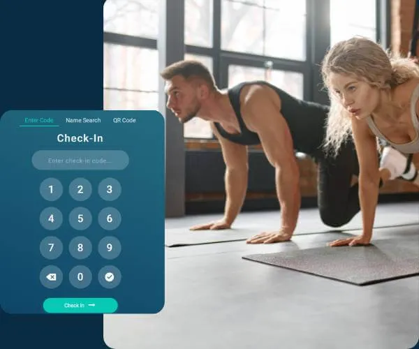 Man and woman in workout clothes ready to start a push-up exercise on yoga mats in a bright gym.