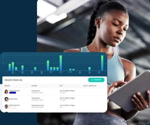 Young woman in workout attire using a tablet with a digital dashboard overlay showing recent Taekwondo check-ins and a session activity bar chart.