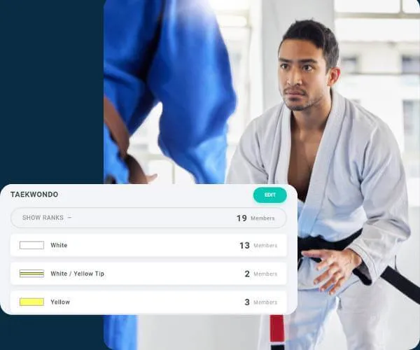 Two martial artists facing each other in a dojo, one wearing a white gi with a black belt and the other partially visible in a blue gi, with a Taekwondo rank list overlay showing White, White/Yellow Tip, and Yellow ranks.