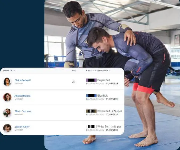 Two men practicing Brazilian Jiu-Jitsu in a gym with a ranking and promotion chart overlay showing members with their belt colors and promotion dates.