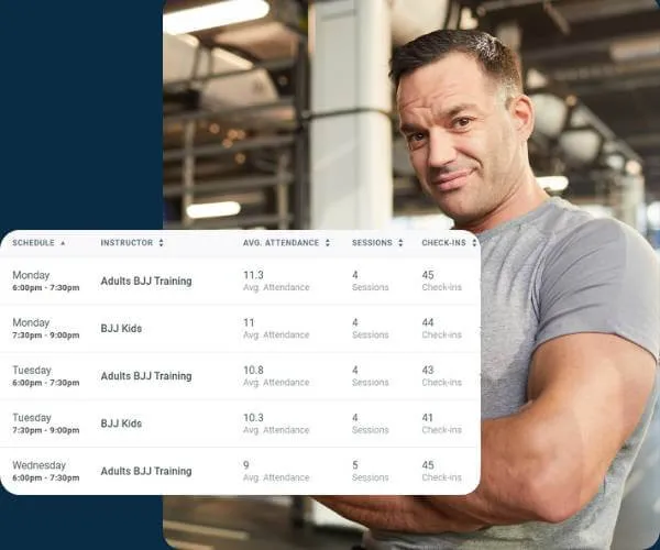Man in a gray t-shirt standing in a gym with a class schedule overlay showing Brazilian Jiu-Jitsu training and kids classes from Monday to Wednesday with attendance and check-ins.