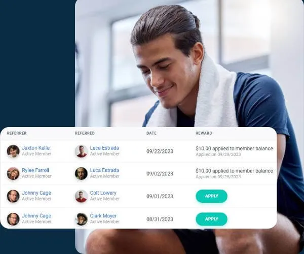 Smiling young man with a white towel around his neck, with a digital referral rewards dashboard overlay showing referrer, referred, date, and reward details.