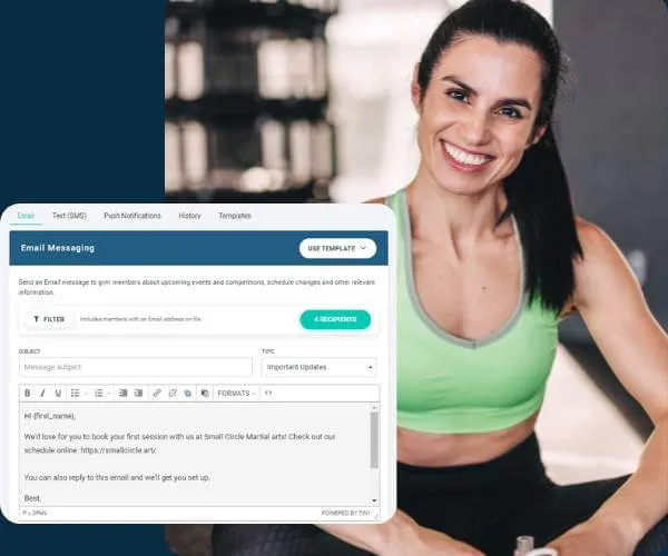 Smiling woman in green sportswear sitting in a gym with an email messaging interface overlay about booking a session at Small Circle Martial arts.