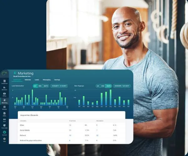 Smiling man in a gym with a digital marketing dashboard showing lead generation and acquisition channels overlayed.