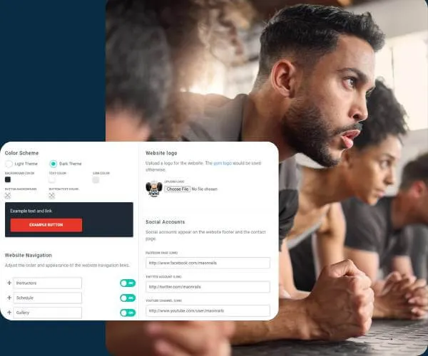 Close-up of focused people doing a plank exercise indoors, with a website settings panel overlay showing color scheme, logo upload, social accounts, and navigation options.