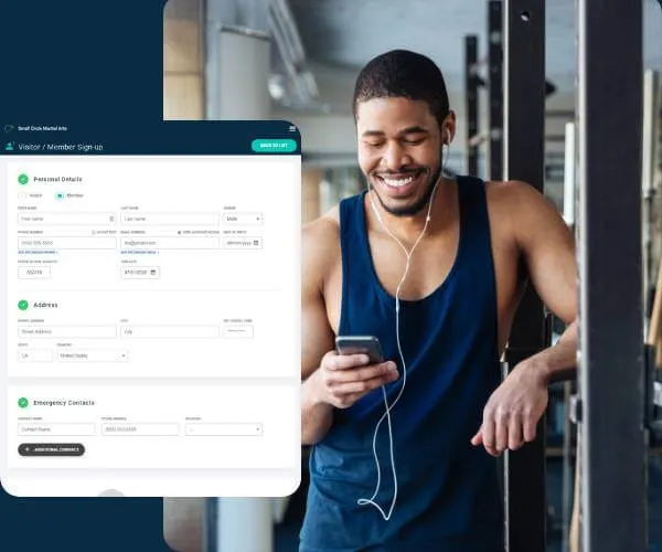 Smiling man in a gym wearing earbuds and a sleeveless shirt, holding a smartphone, with a member sign-up form overlay on the left.
