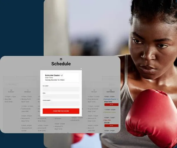 Focused woman wearing red boxing gloves practicing boxing indoors with a schedule booking interface overlay.
