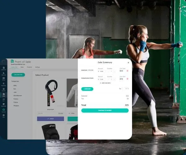 Woman practicing boxing with wrapped hands in a gym, overlaid with a digital point of sale screen showing product selection and sale summary.