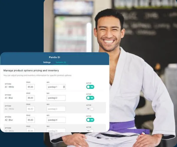 Smiling man in a white martial arts gi with a purple belt sitting cross-legged, with an overlaid interface showing product pricing and inventory management for Panda GI.