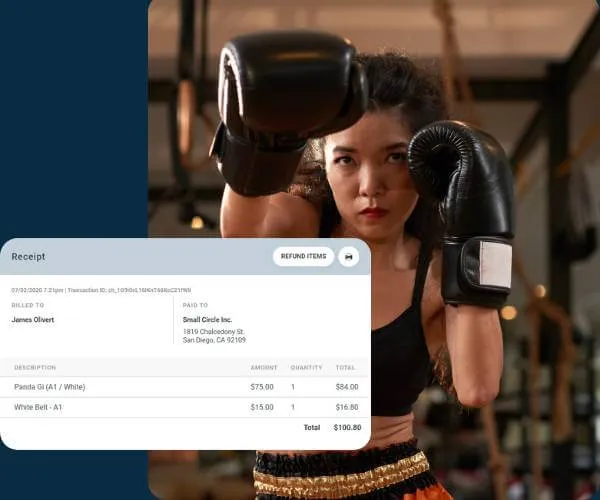 Female boxer wearing black gloves and orange shorts throwing a punch in a gym with a receipt overlay showing purchase details for martial arts equipment.