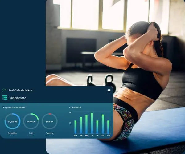 Woman in workout clothes performing sit-ups on a blue mat in a gym with a fitness dashboard overlay showing payment and attendance graphs.