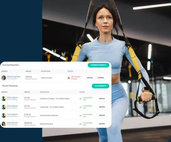 Woman in blue workout clothes using suspension training straps in a gym, with an overlay showing membership payment details and status.