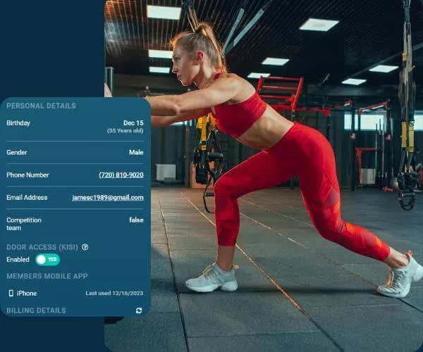 Man in red workout clothes performing a lunge exercise in a gym with fitness equipment in the background.