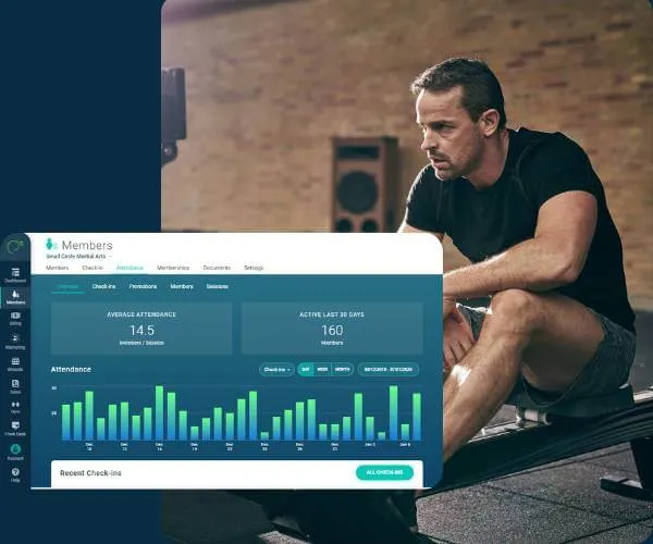 Man in black athletic wear resting on a rowing machine in a gym, with a screen overlay showing martial arts attendance statistics and bar charts.