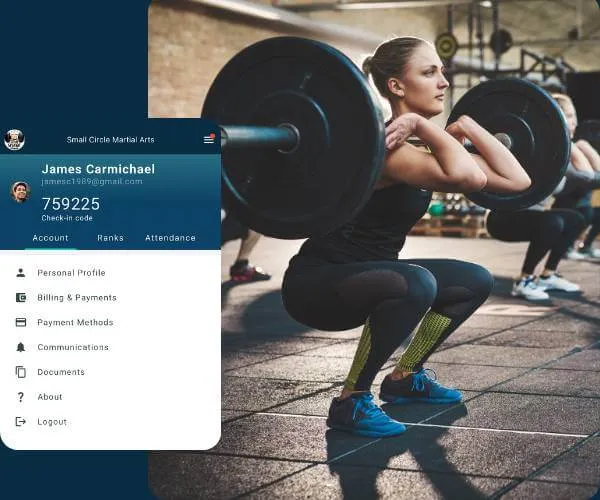 Woman performing a squat exercise lifting a barbell in a gym with an app screen overlay showing Small Circle Martial Arts member James Carmichael's profile and check-in code.