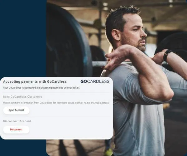 Man lifting a barbell in a gym with an overlay window showing GoCardless payment account sync options.
