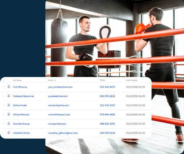 Two men sparring in a boxing ring, one holding mitts and the other wearing orange gloves, with a punching bag in the background and a semi-transparent overlay of a contact information table.