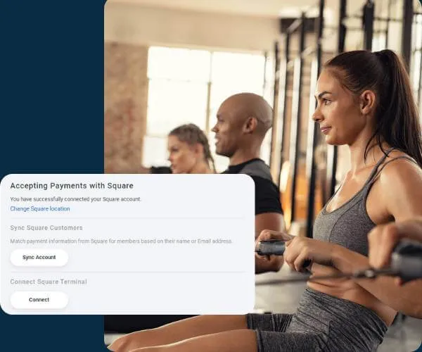 Three people exercising on rowing machines in a gym with an overlay message about accepting payments with Square.