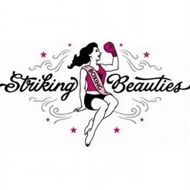 Logo featuring a woman wearing a boxing glove and sash labeled 'Boxing' with the words 'Striking Beauties' in stylized script, surrounded by decorative swirls and stars.