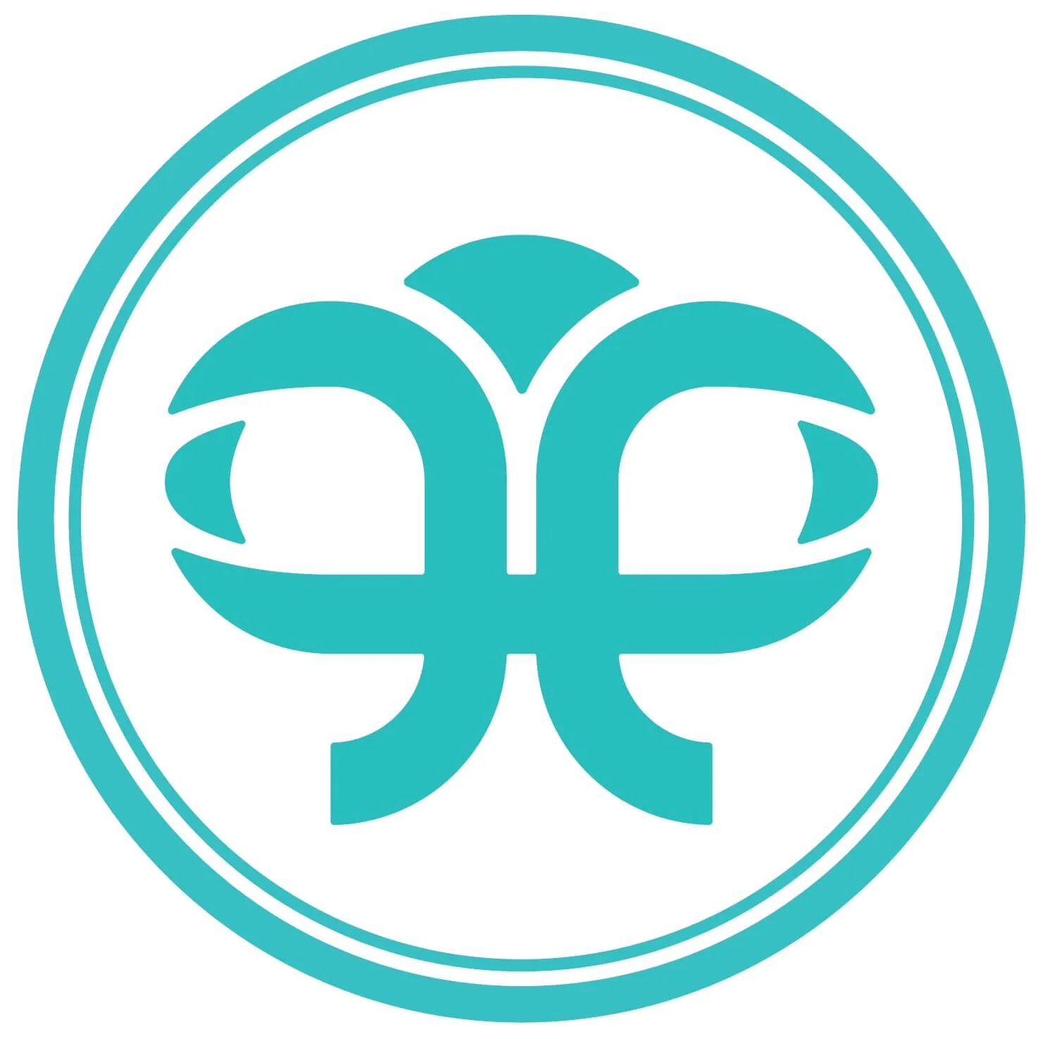 Stylized turquoise abstract butterfly or floral emblem inside two concentric circular borders on a white background.