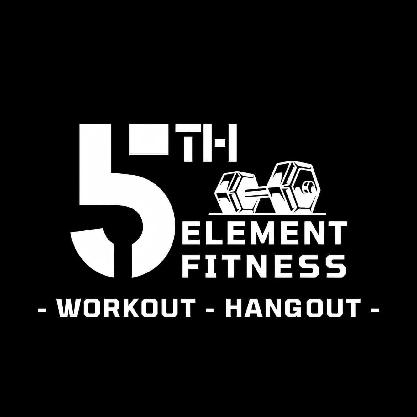 Logo of 5th Element Fitness with a dumbbell icon and the slogan Workout Hangout on black background.