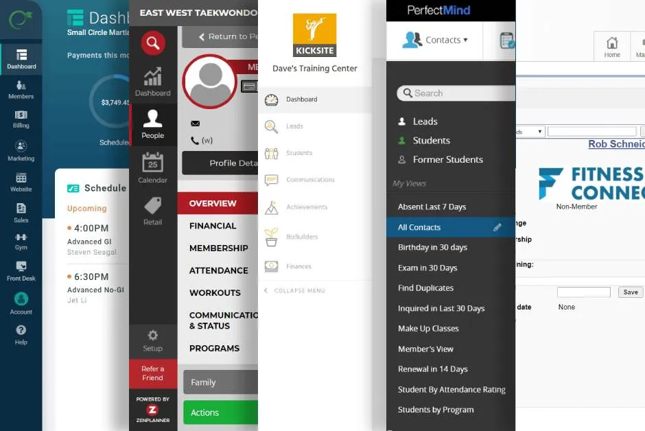 Multiple overlapping screenshots of martial arts management software dashboards showing navigation menus, schedules, contacts, and profile details.