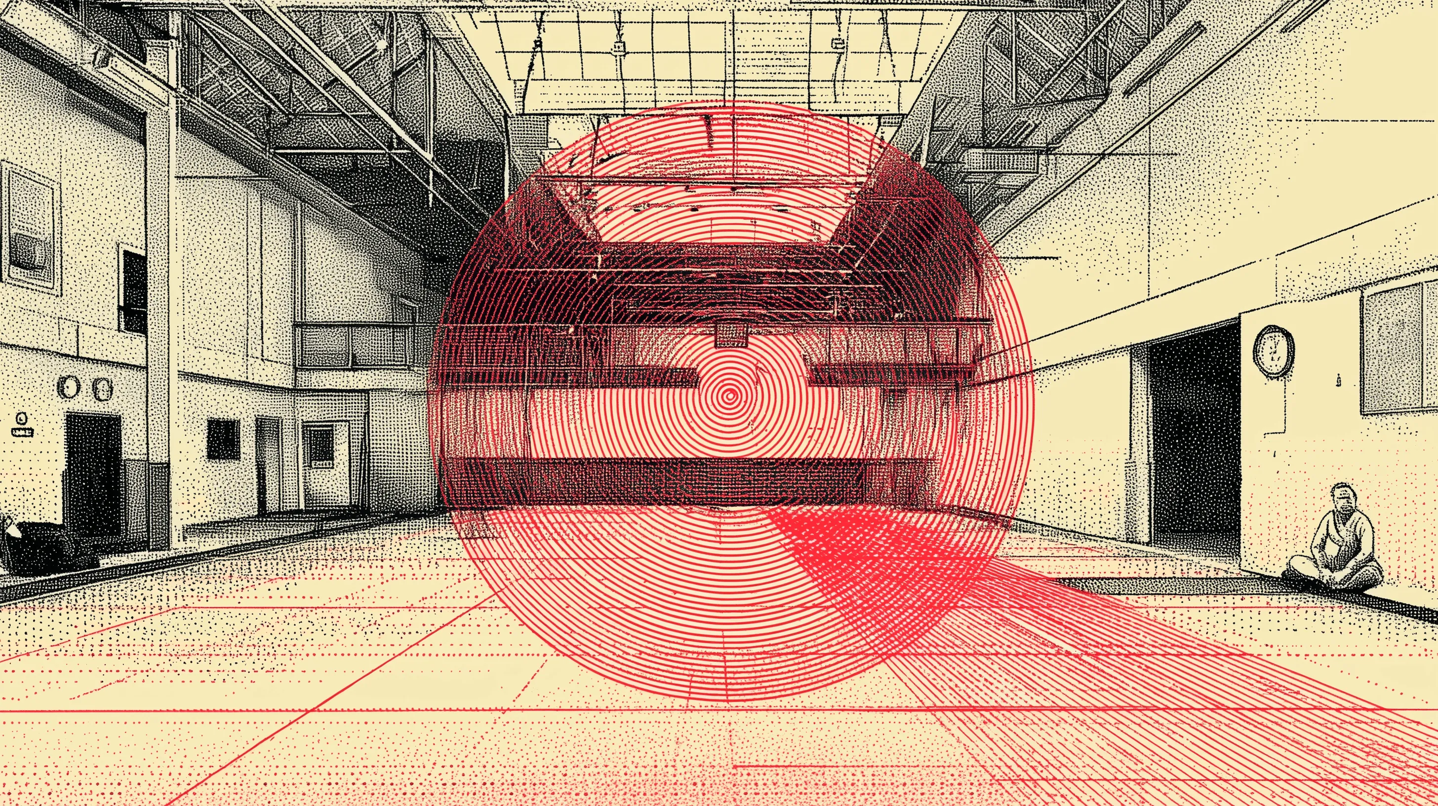 Sketch of a large indoor space with a person sitting against a wall and concentric red circles in the center.