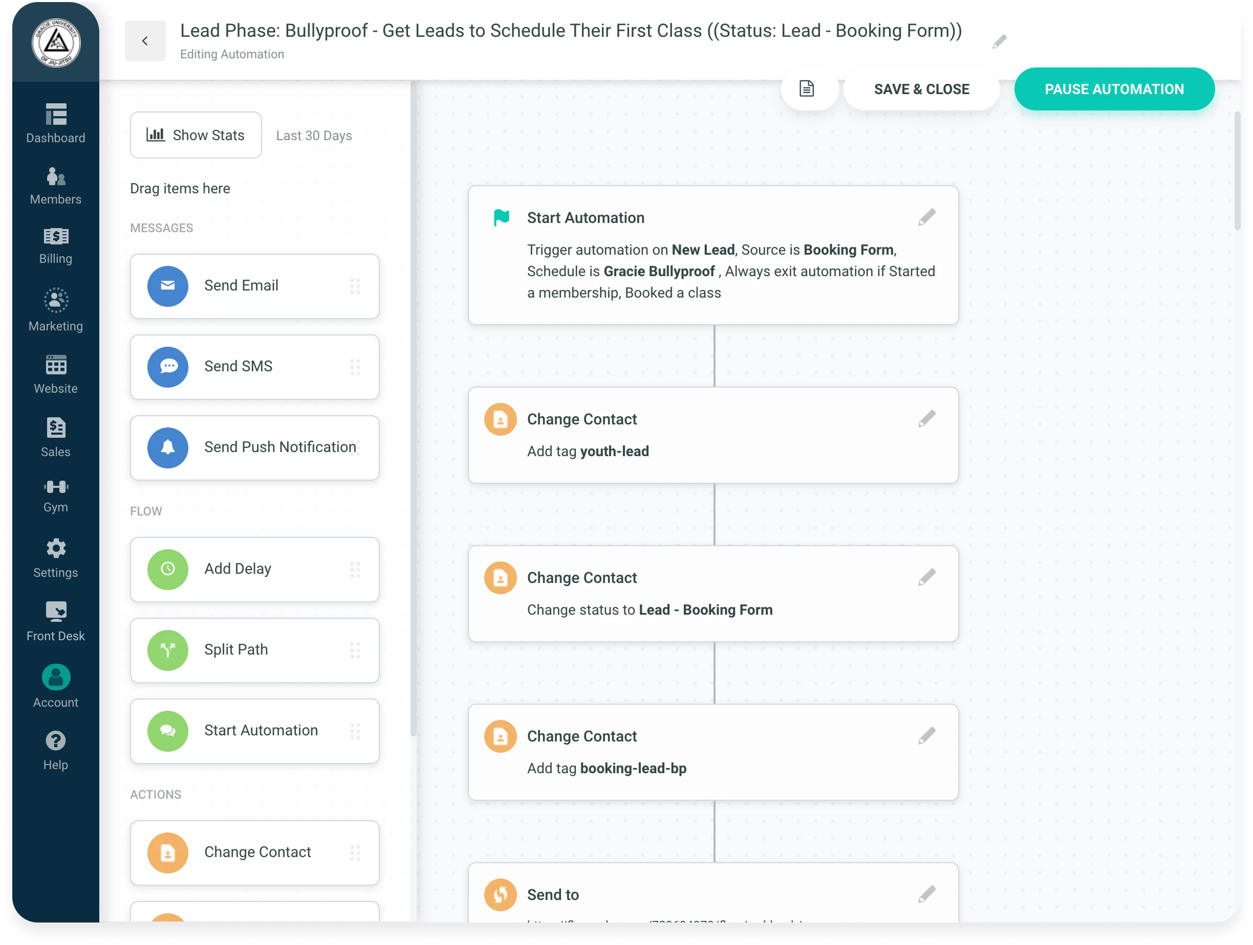 Automation flow screen to manage leads scheduling first class with steps to send messages and change contact tags.