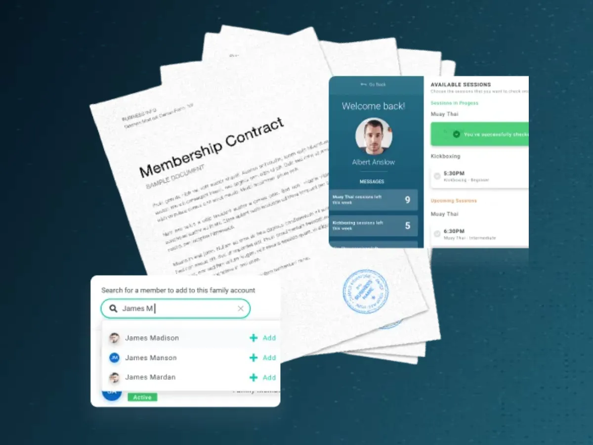 Stack of membership contract papers with digital interface showing member search and session details.