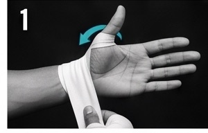 Hand-wrap loop placed over the thumb