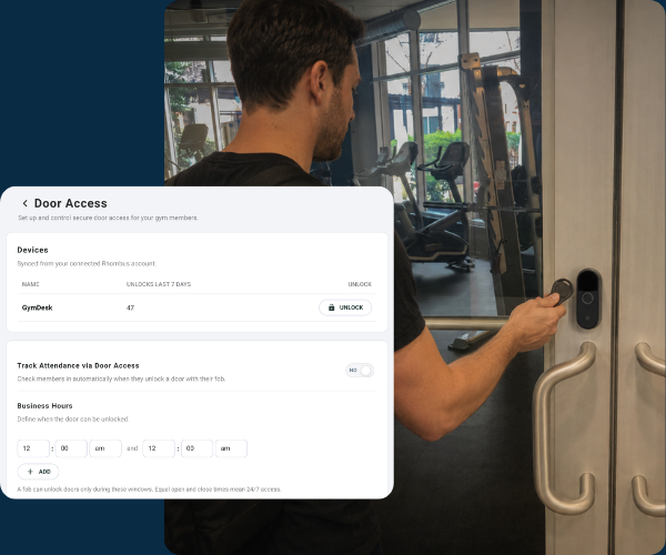 Rhombus door access interface showing keyless gym entry and attendance tracking.