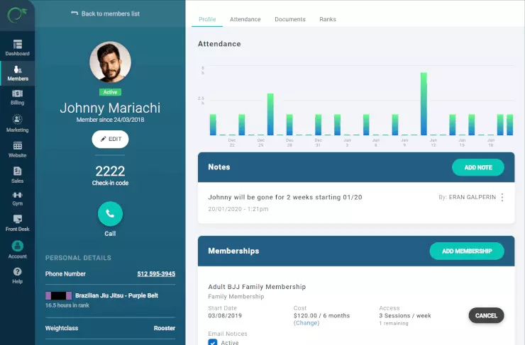 Member profile in Gymdesk