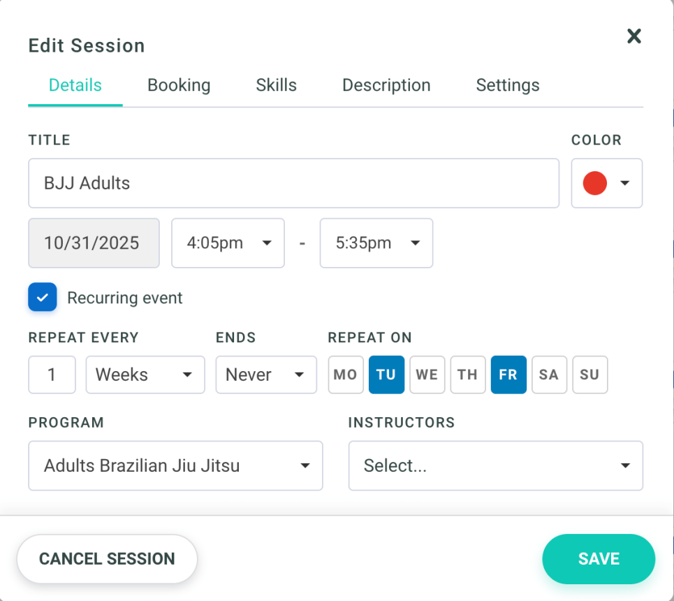Recurrent events in Gymdesk schedule