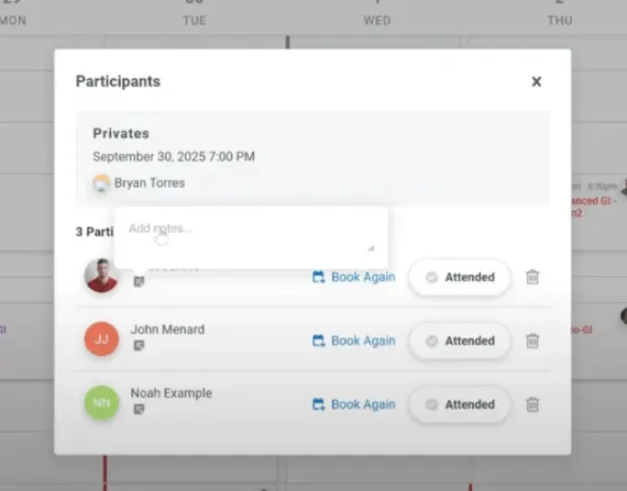Participant list in Gymdesk schedule