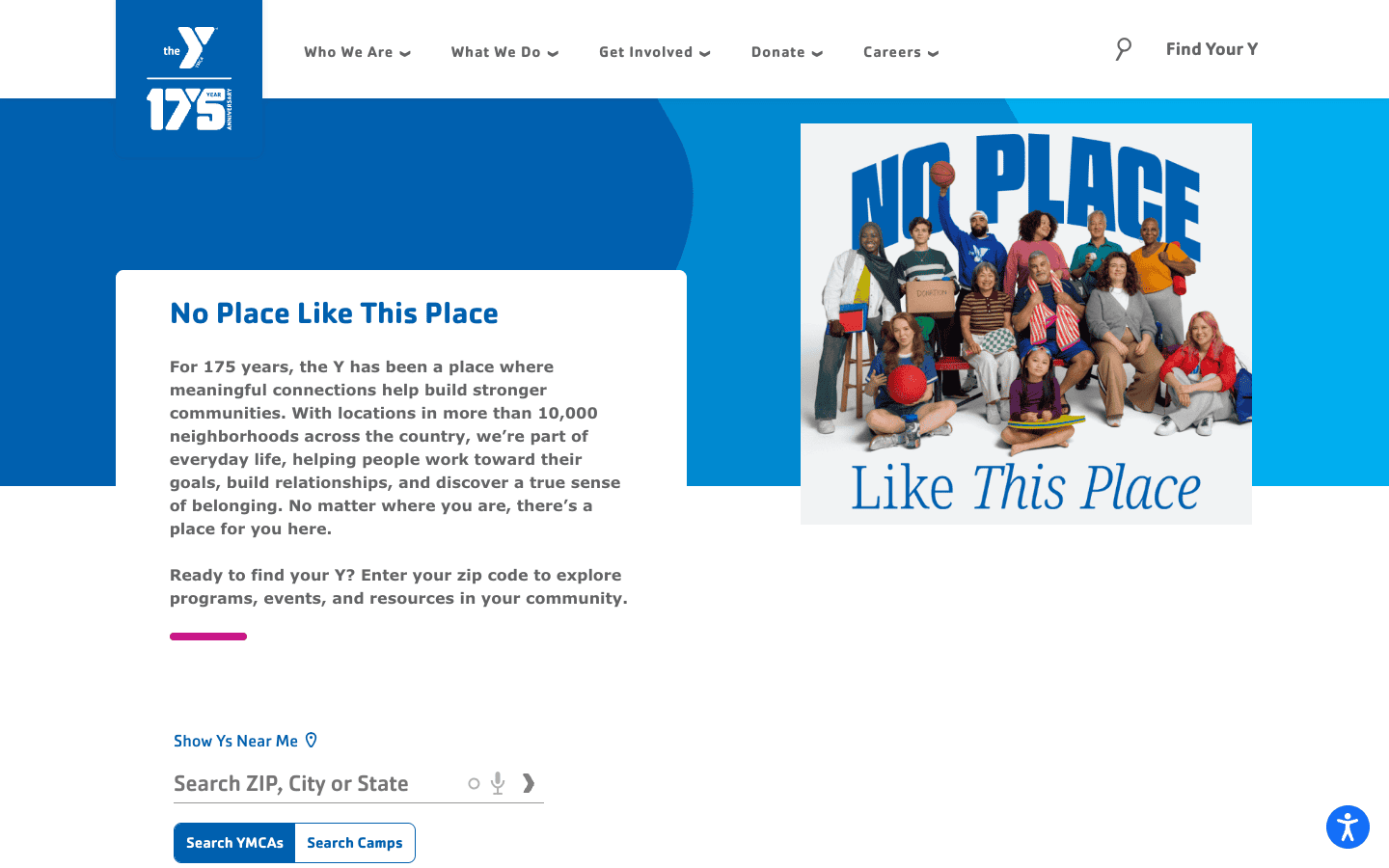 YMCA homepage with a No Place Like This Place campaign, a group of members, and a ZIP code search for local Ys