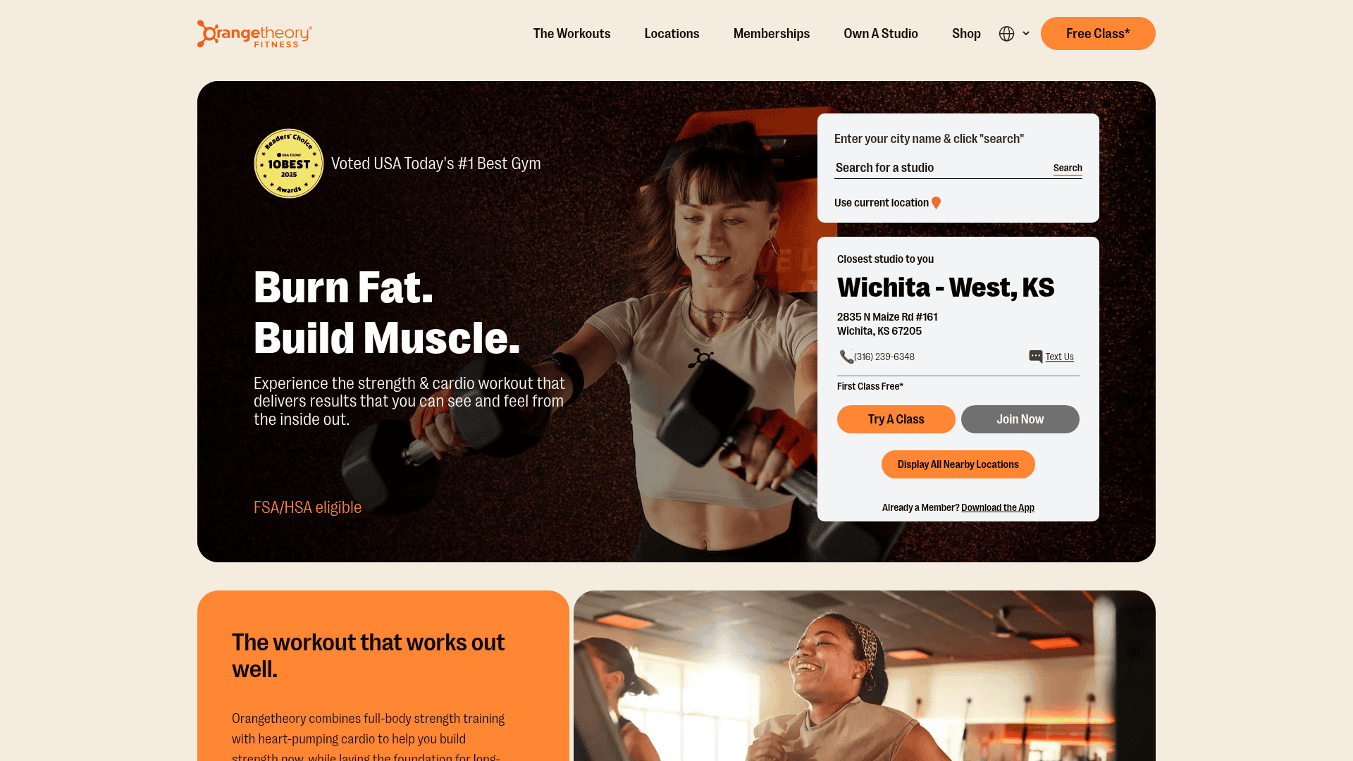 Orangetheory Fitness homepage with a Burn Fat, Build Muscle headline, a studio finder and a free first class offer