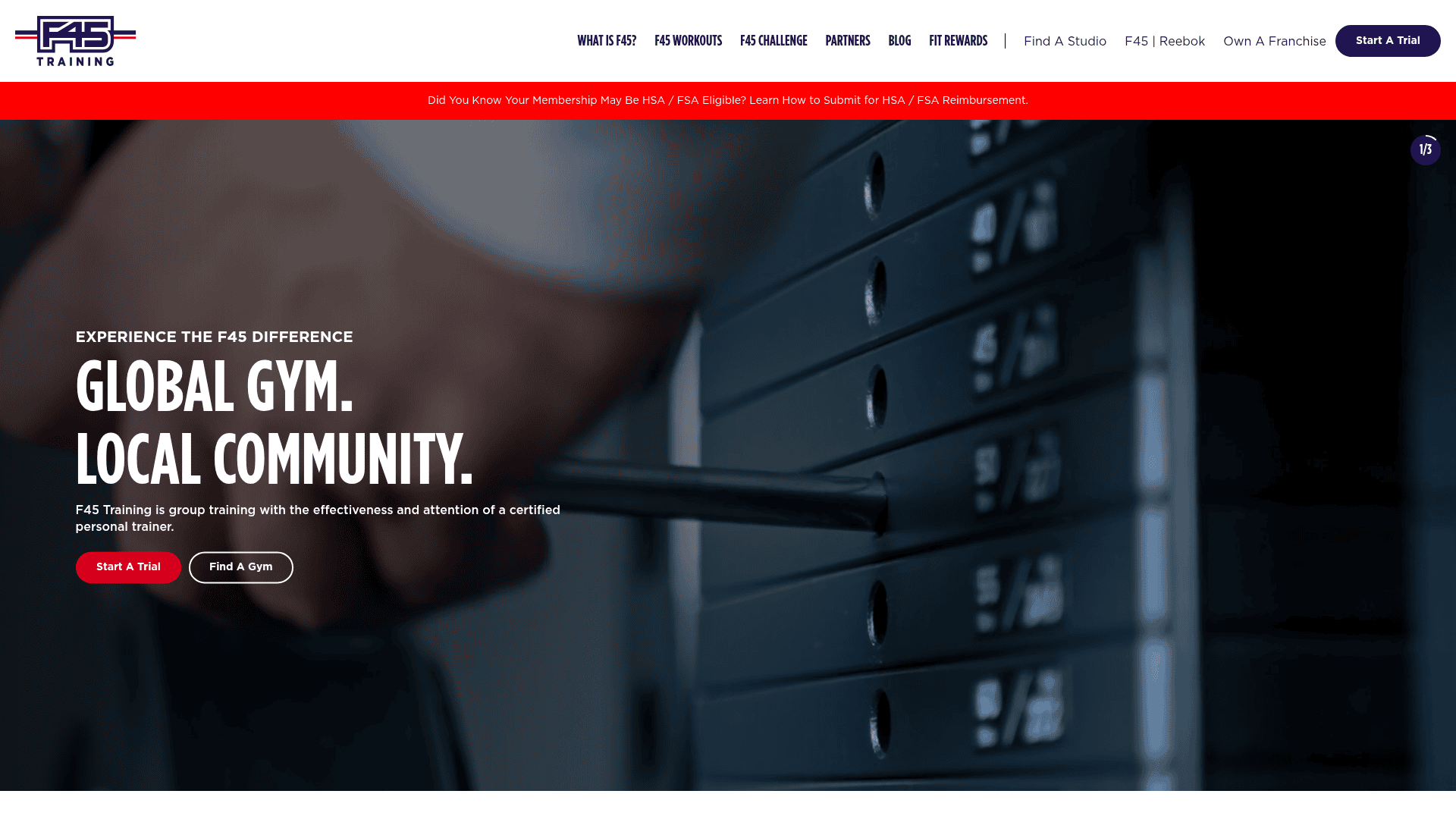 F45 Training homepage with a Global Gym, Local Community headline and Start a Trial and Find a Gym buttons