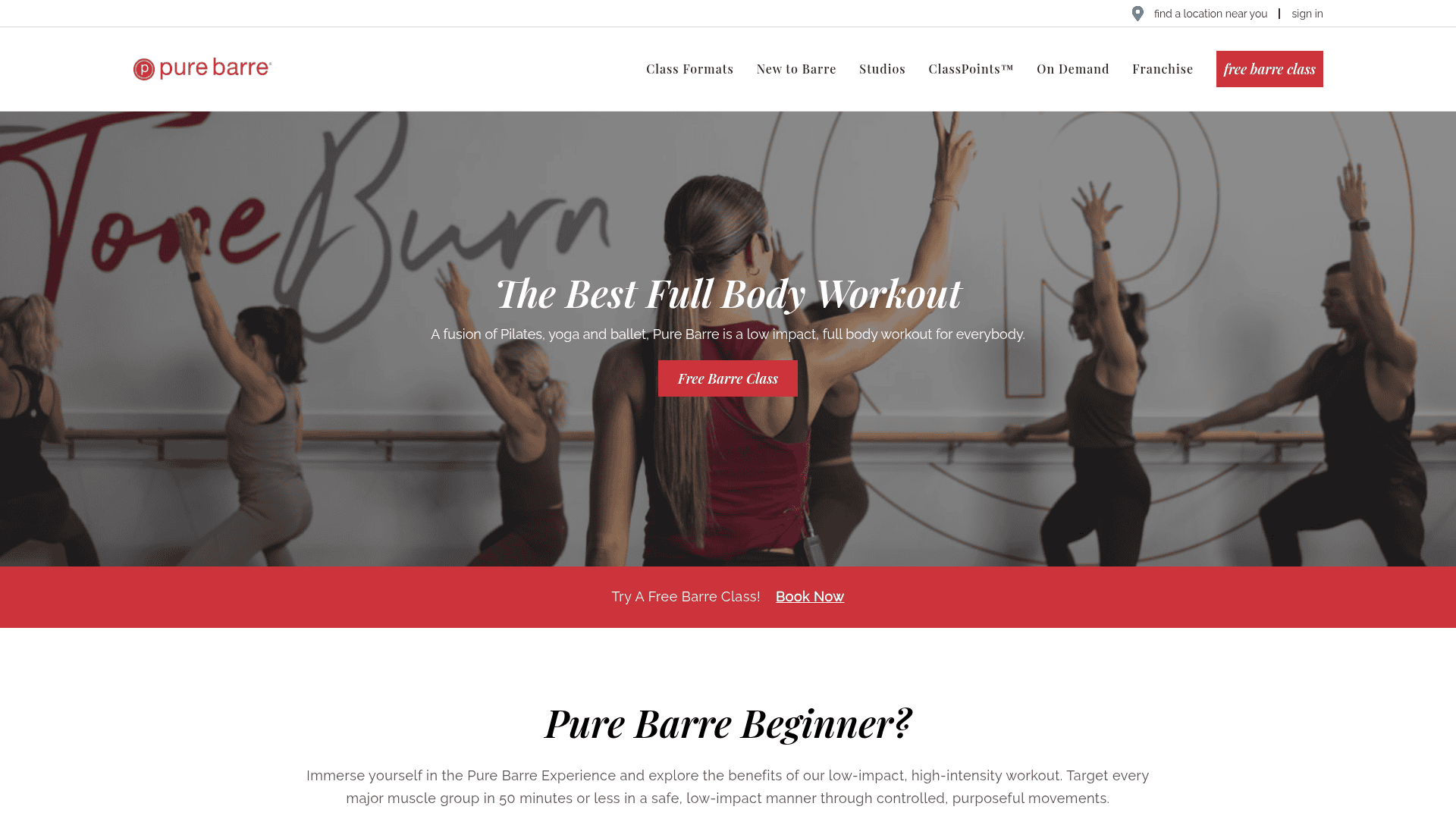 Pure Barre homepage showing a barre class with The Best Full Body Workout headline and a free barre class offer