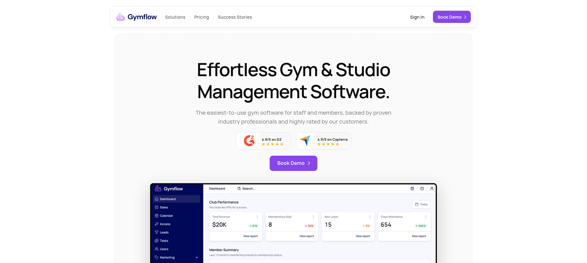 Gymflow gym and studio management software homepage showing single-plan pricing